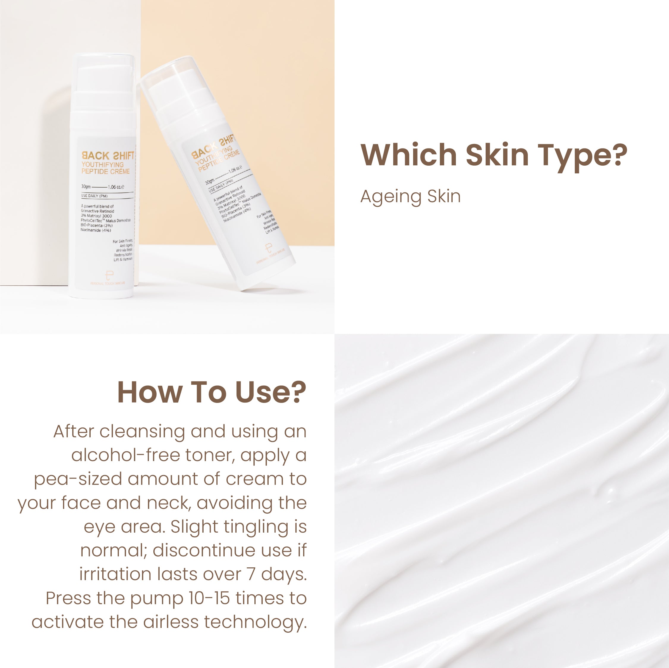 Backshift Anti Ageing Peptide Cream | Granactive Retinol | Bio Placenta | Niacinamide - For All Skin Types | 30g