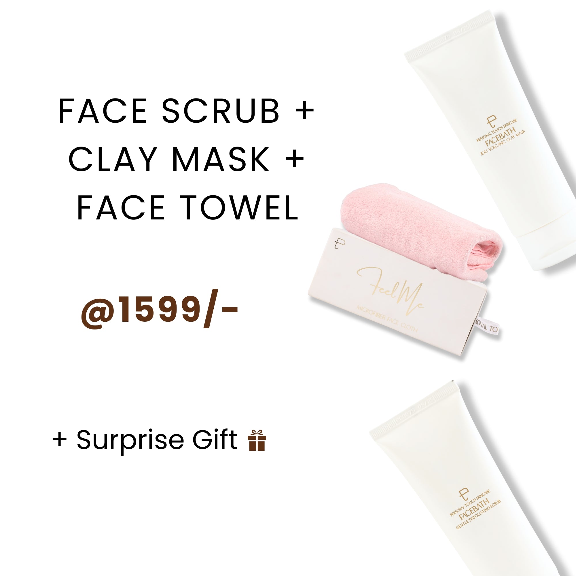 Combo of Facebath Clay Mask, Facebath Face Scrub, Feel Me Face Towel + Surpirse Gift 🎁