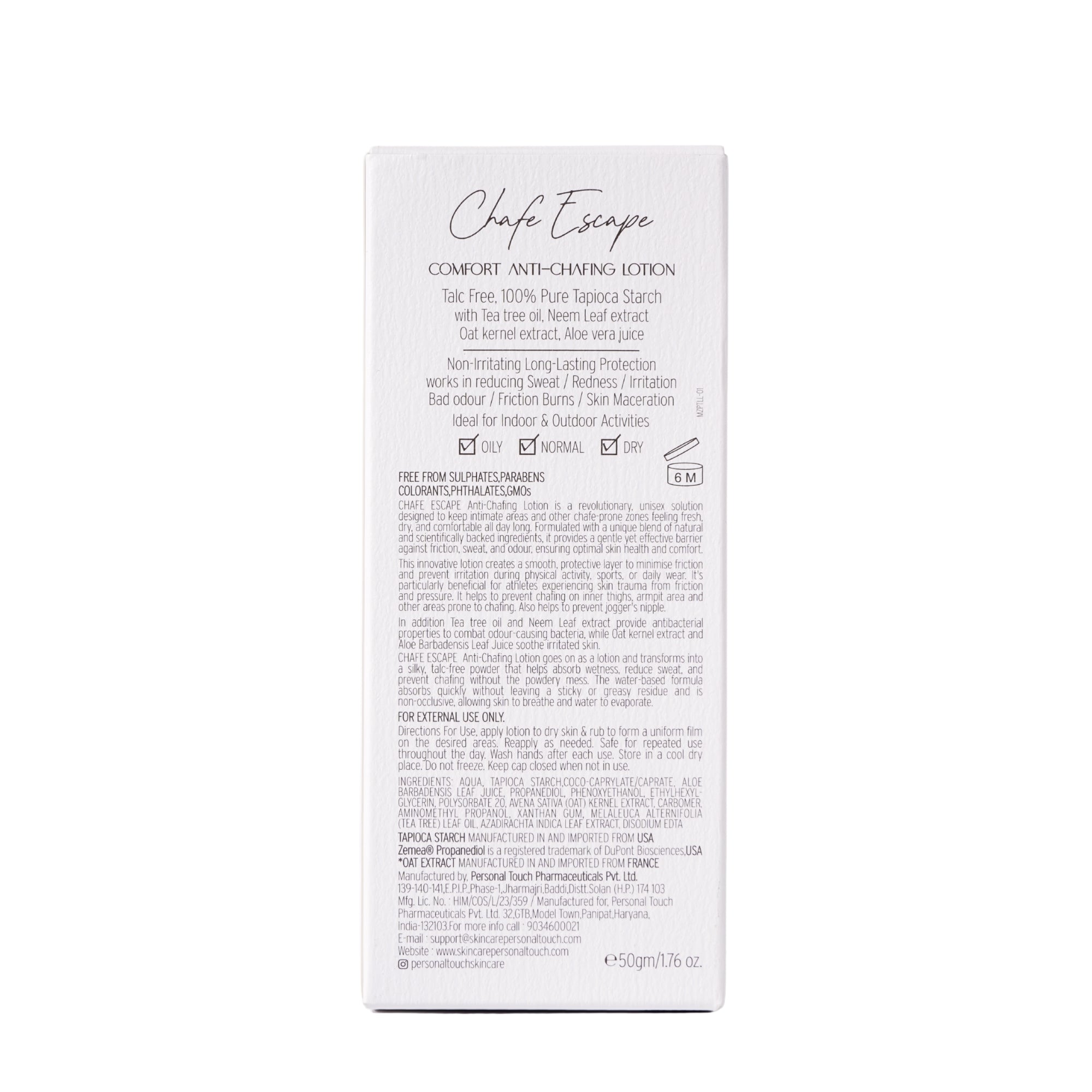 Chafe Escape Comfort Anti-Chafing Lotion with Tea Rree Oil, Neem Leaf Extract | Non-Irritating Long-Lasting Protection | 50g