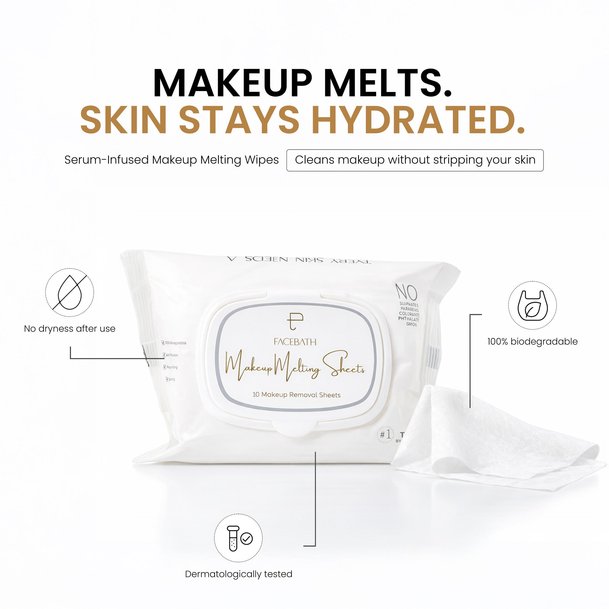 Makeup Melting Skin Care Wipes 10 Sheets Pack - World's First Serum Infused Makeup Remover With Hyaluronic Acid