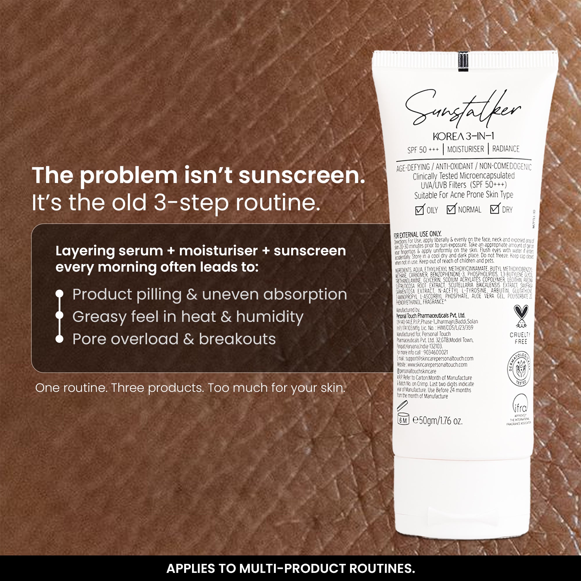 Sunstalker 3-in-1 Moisturizer + Serum + SPF 50+++ - 50gm