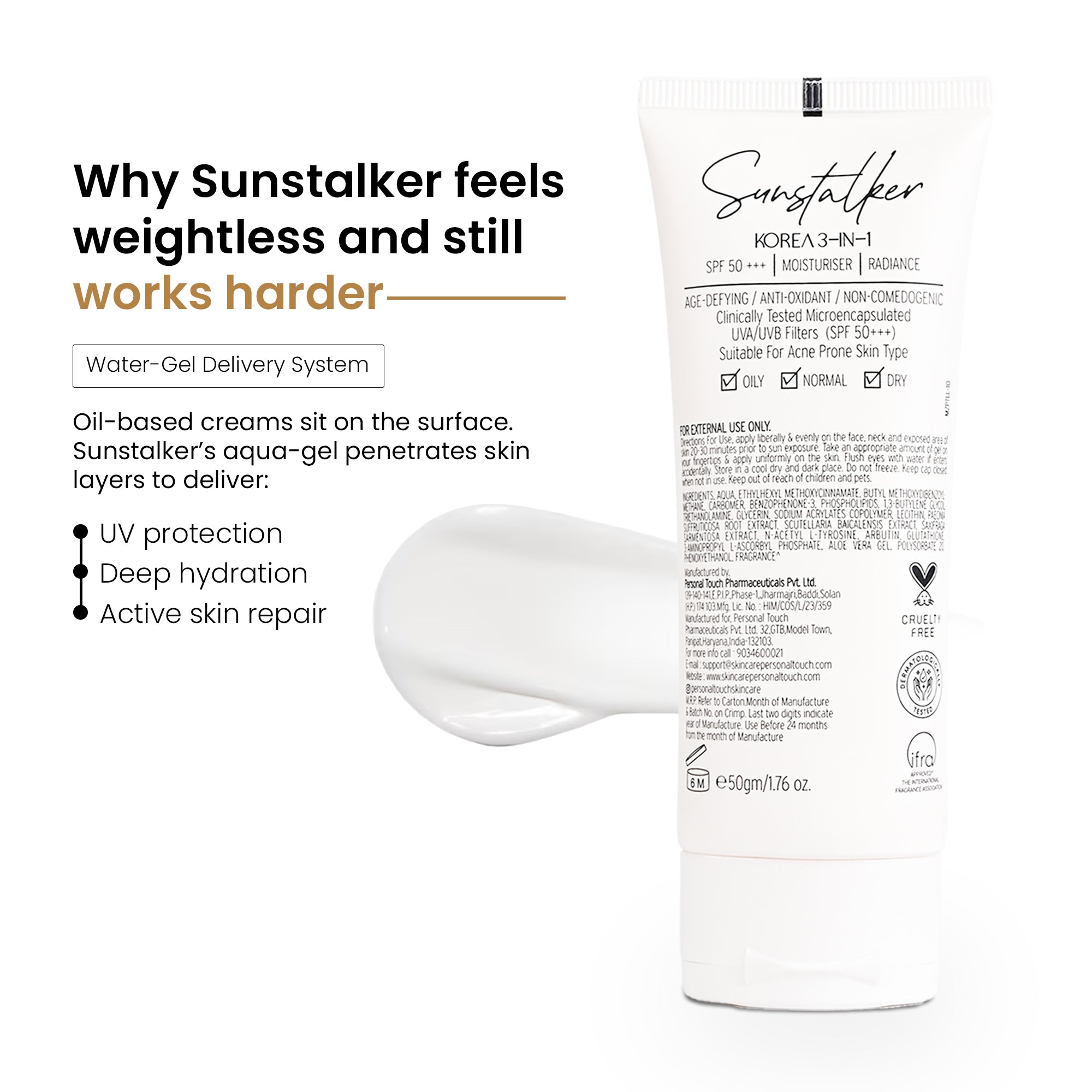 Sunstalker 3-in-1 Moisturizer + Serum + SPF 50+++ - 50gm