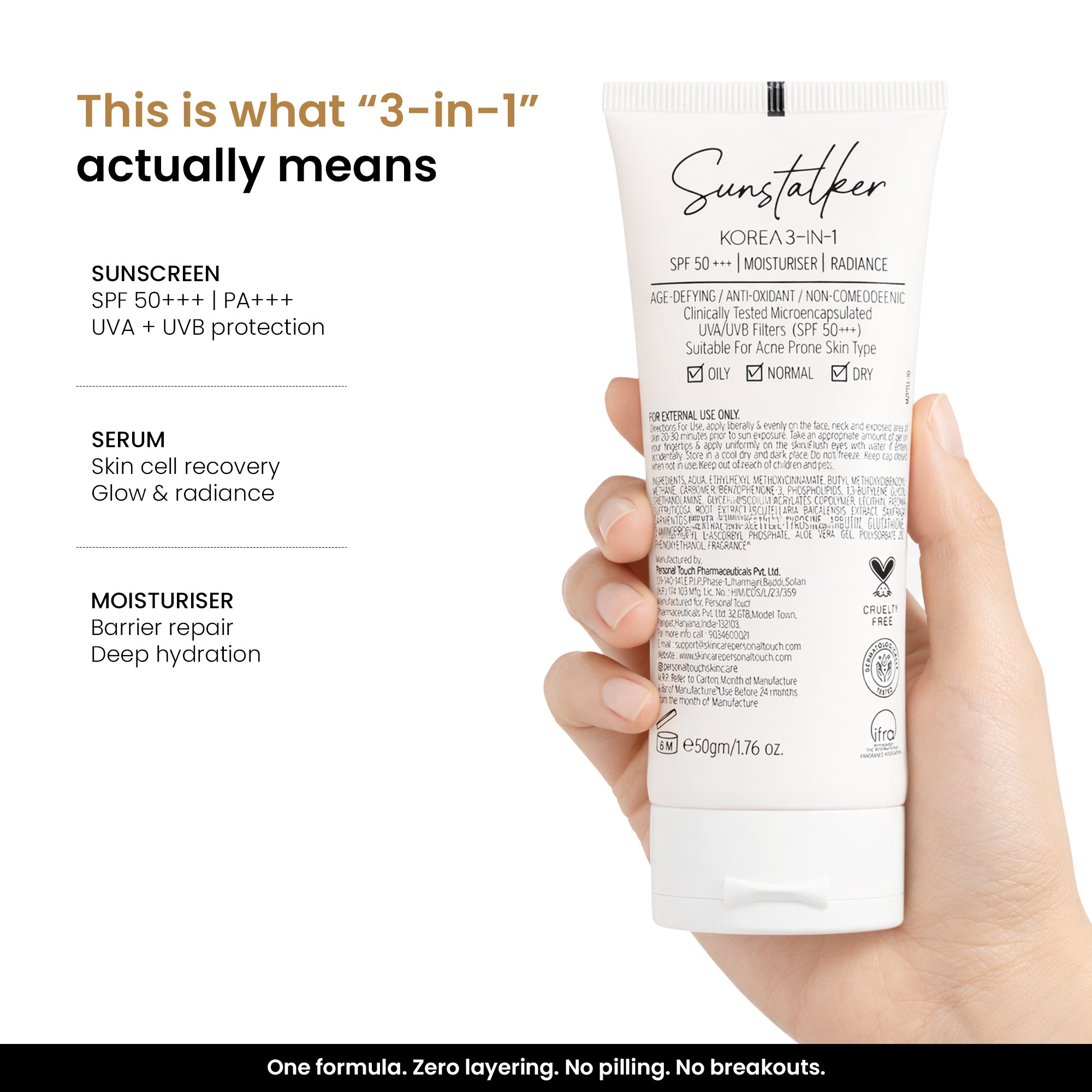 Sunstalker 3-in-1 Moisturizer + Serum + SPF 50+++ - 50gm
