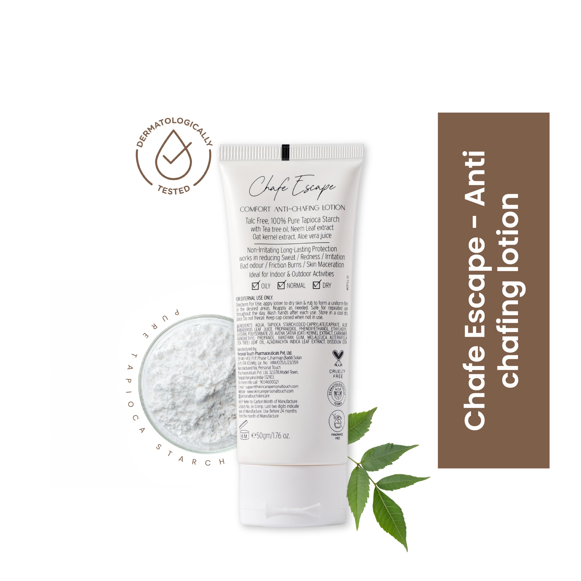 Chafe Escape Comfort Anti-Chafing Lotion with Tea Rree Oil, Neem Leaf Extract | Non-Irritating Long-Lasting Protection | 50g