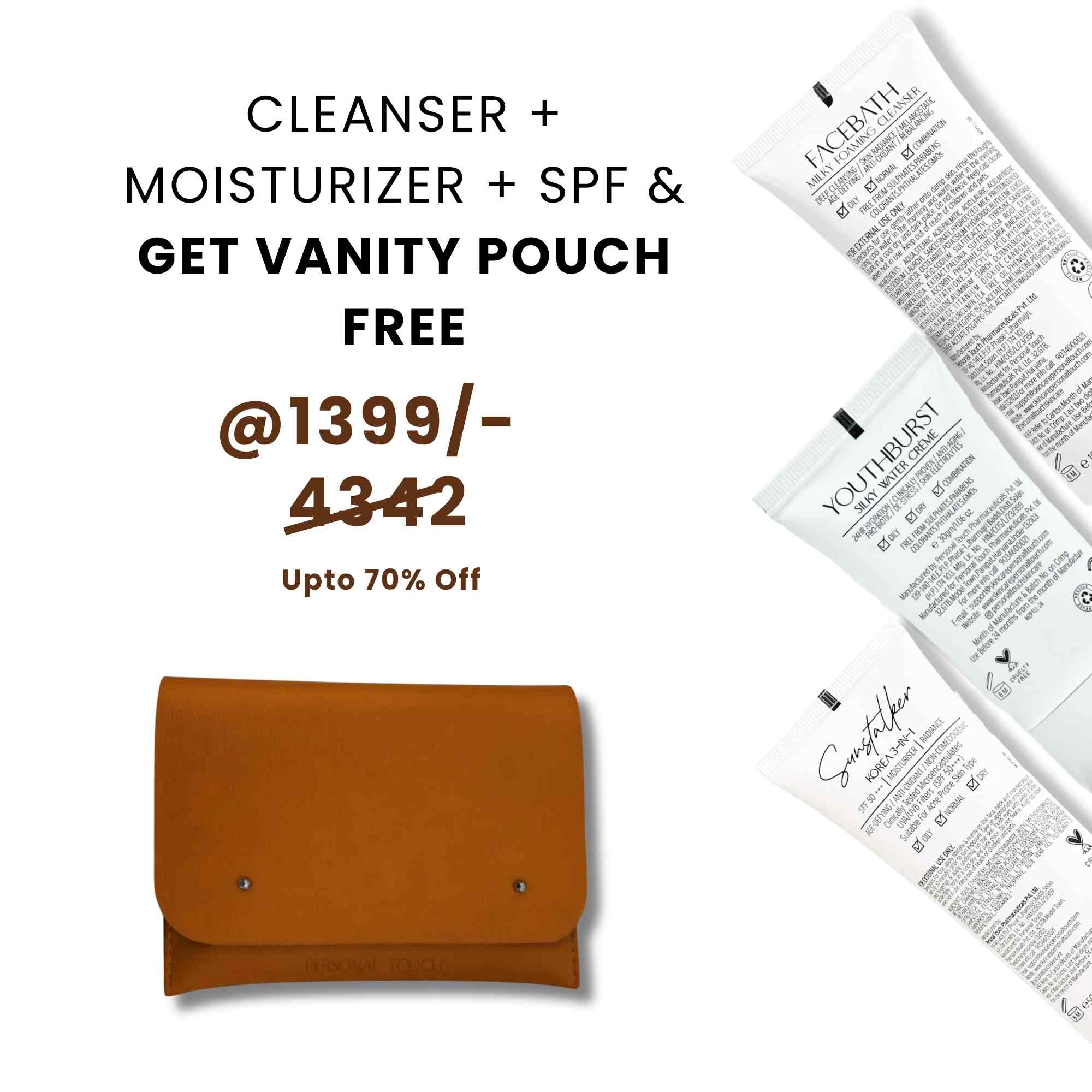 Combo of Cleanser, Moisturizer, SPF & Vanity Pouch