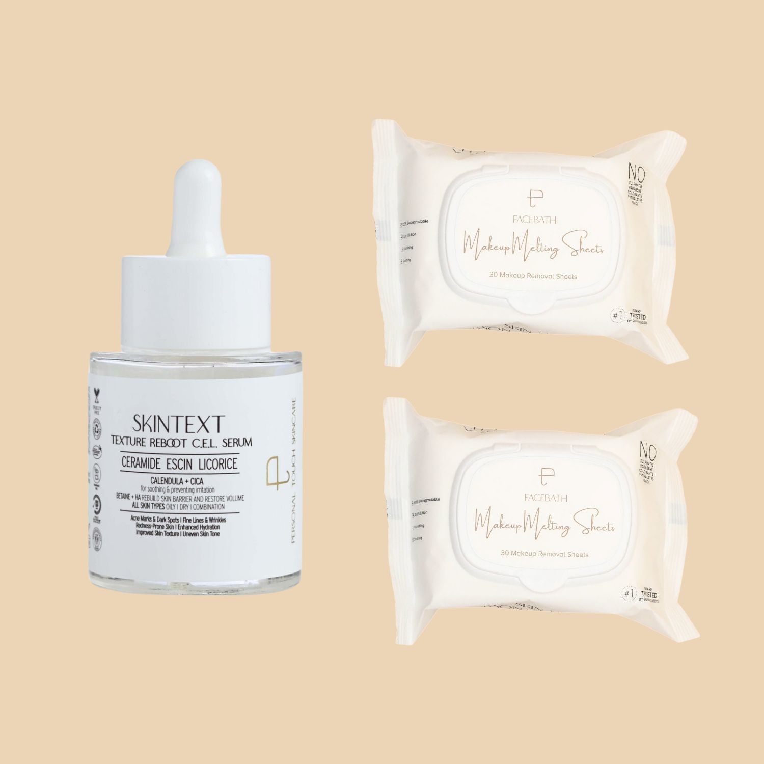 Combo of Skintext Serum & 2 x Makeup Wipes (30 Sheets Pack)
