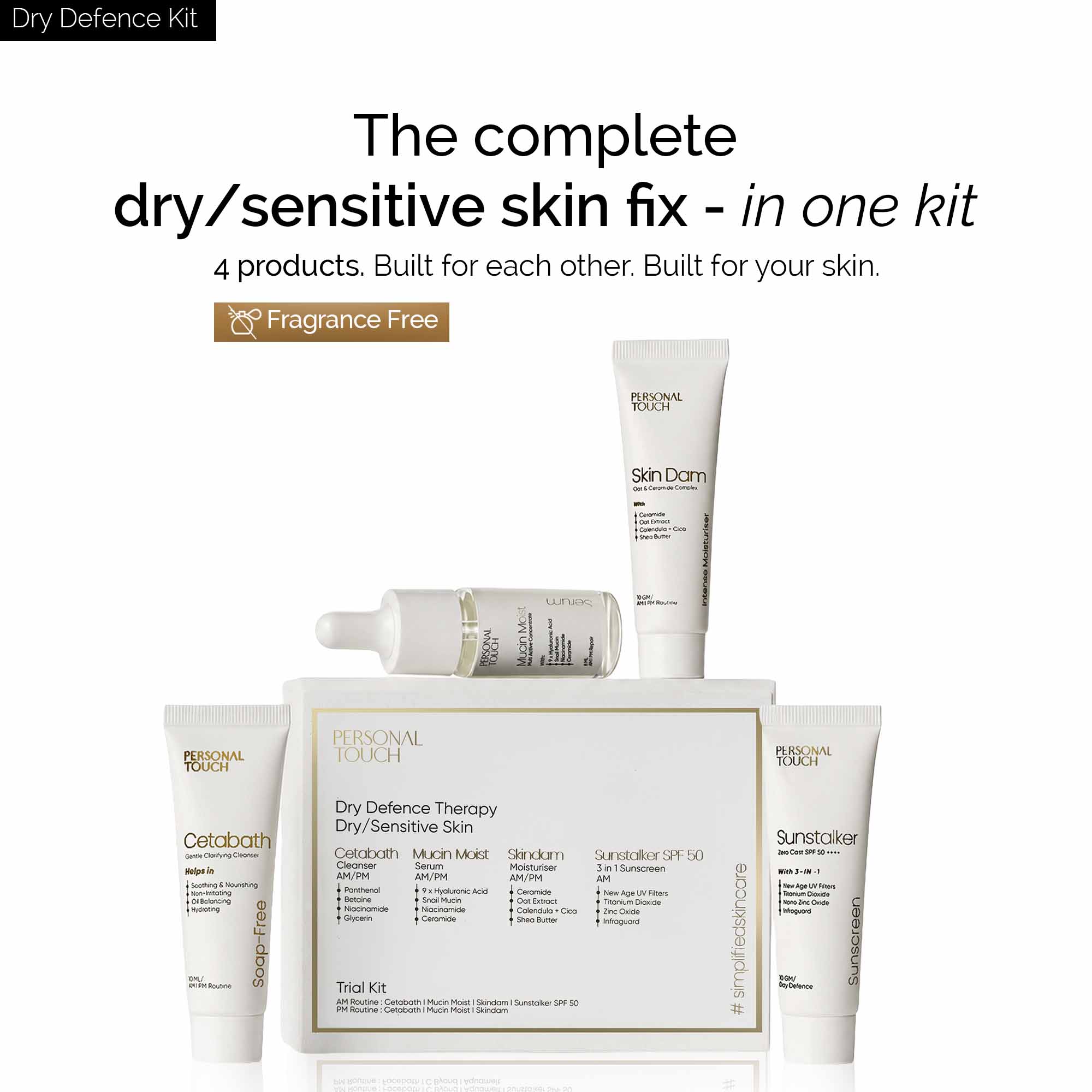 Dry Defence Therapy Trial Kit |  Facewash + Serum + Moisturiser + Sunscreen | for Dry & Sensitive Skin