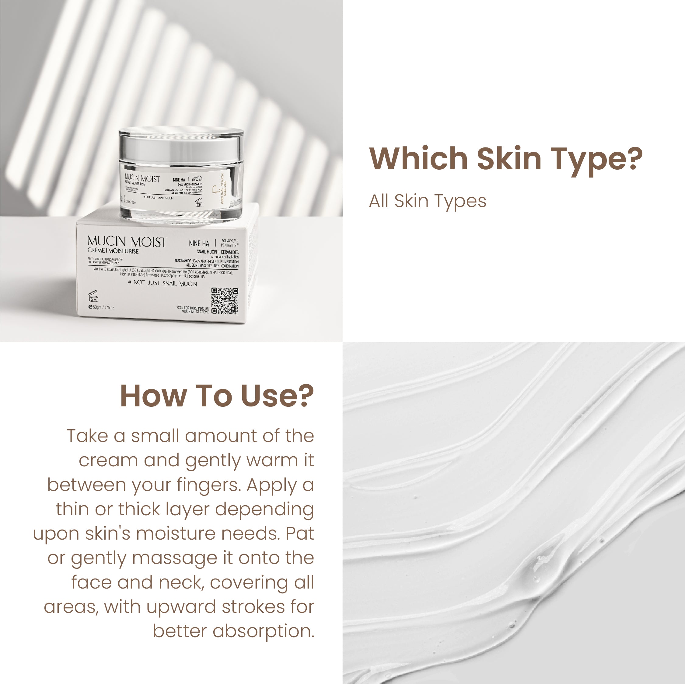 Mucin Creme - All In 1 Snail Mucin Creme Gel | 9 Types Of Hyaluronic Acid | Niacinamide | Ceramides - Normal, Combination & Dry Skin | 50g