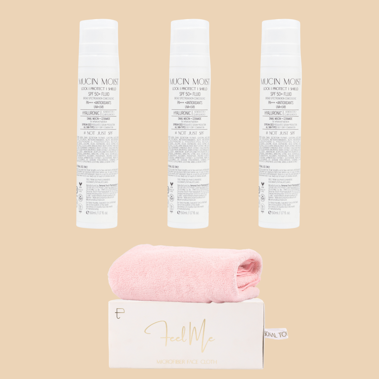Buy 1 Get 4 (Combo of 3 x Mucin SPF & 1 x Feel Me Face Towel)