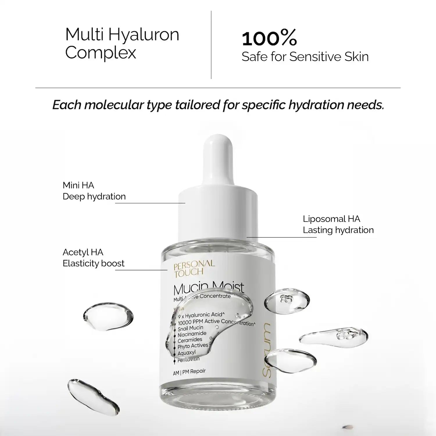 Mucin Moist Serum with 9 Kinds of Hyaluronic Acid, 5% Niacinamide, Snail Mucin & Ceramides
