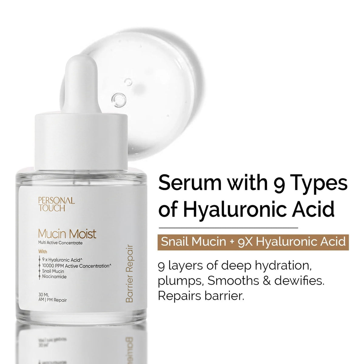 Mucin Moist Serum with 9 Kinds of Hyaluronic Acid, 5% Niacinamide, Snail Mucin & Ceramides