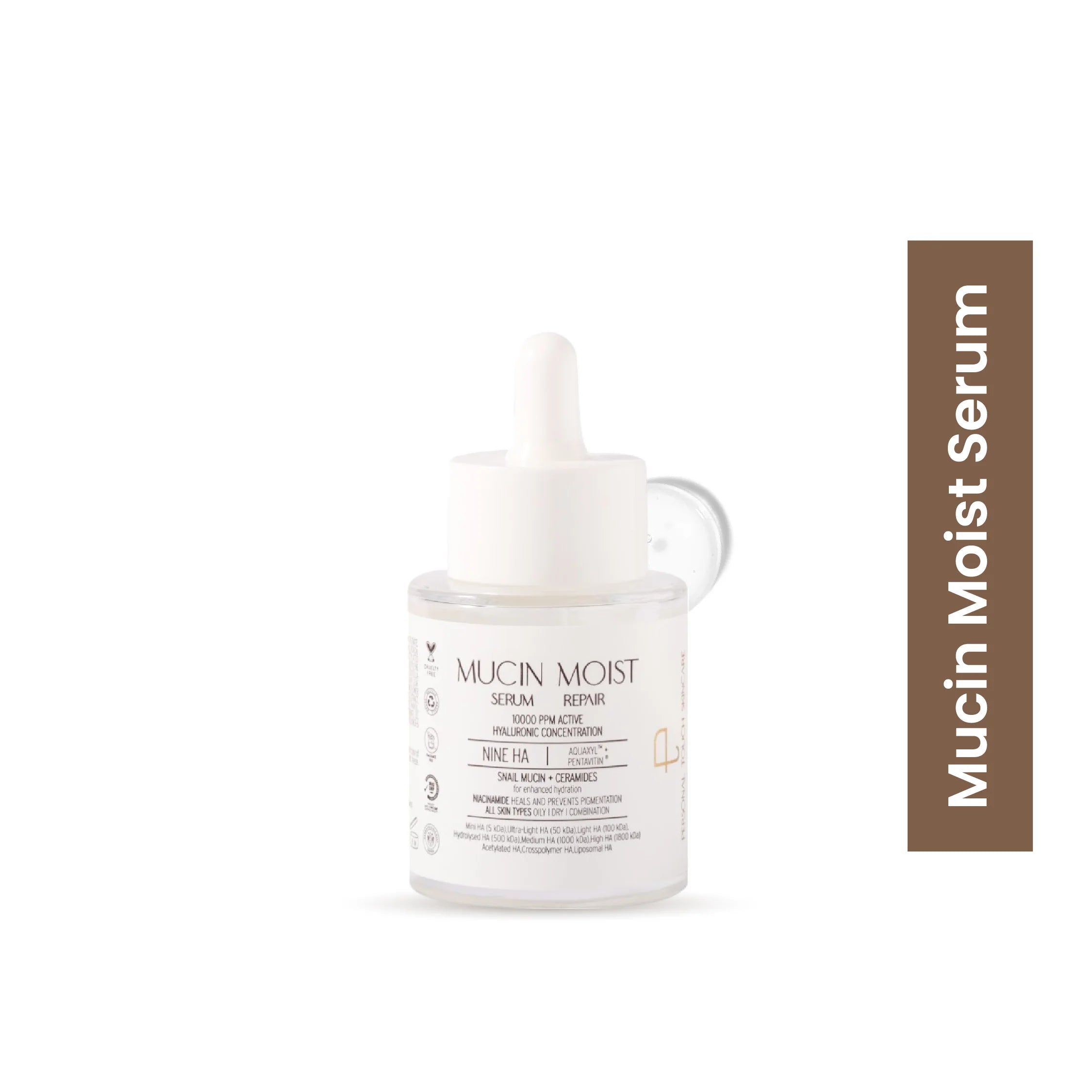 Mucin Moist Serum - World's 1st Snail Mucin | 9 Hyaluronic Acids | Ceramides | Niacinamide - For All Skin Types | 30ml